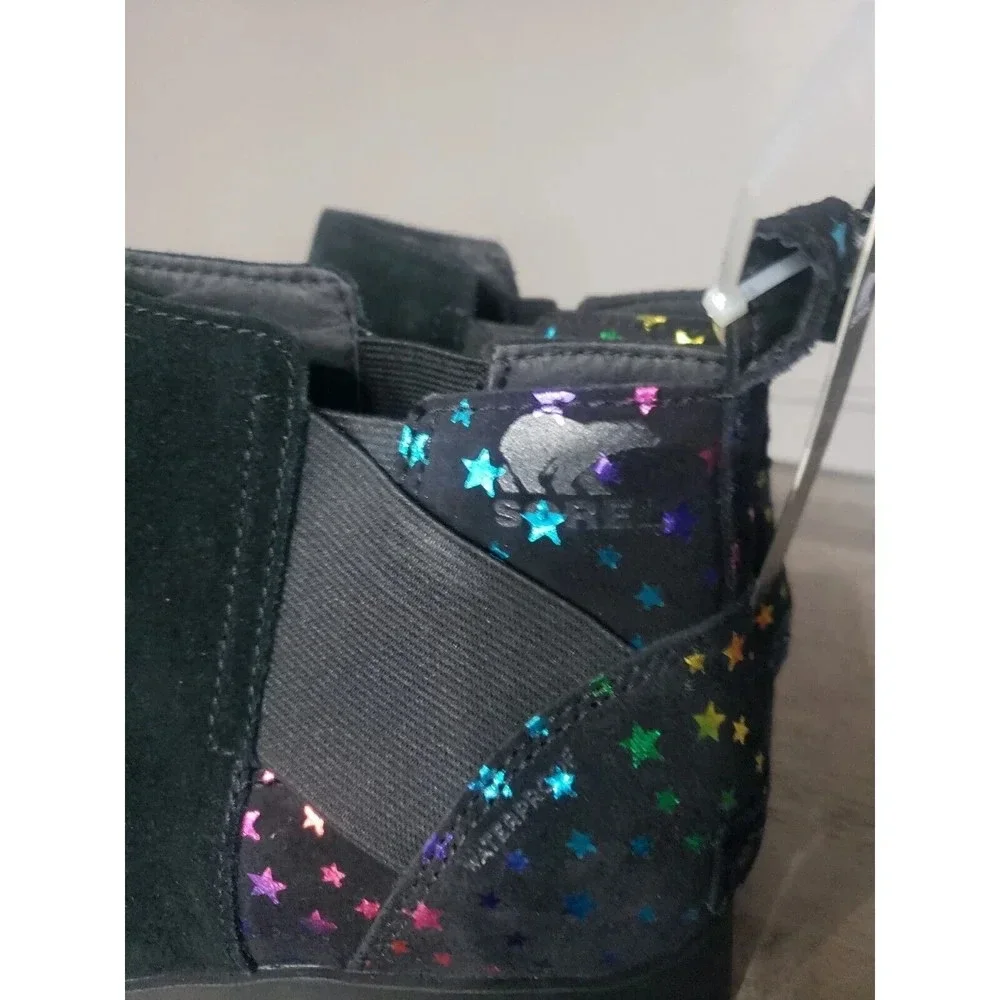 Sorel Booties Girls Size 5 Emelie Chelsea Black Suede Rainbow Stars New
